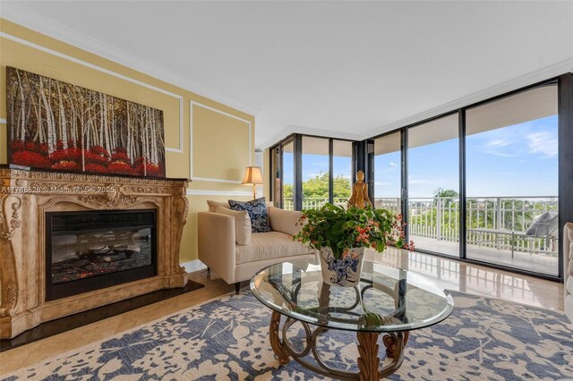 2000 Towerside Ter Unit 702, Miami, FL 33138 - interior space with a wall of windows, baseboards, a fireplace, and a notable chandelier