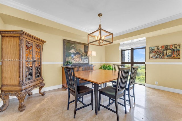 2000 Towerside Ter Unit 702, Miami, FL 33138 - dining space with crown molding, baseboards, a chandelier, and light tile patterned floors