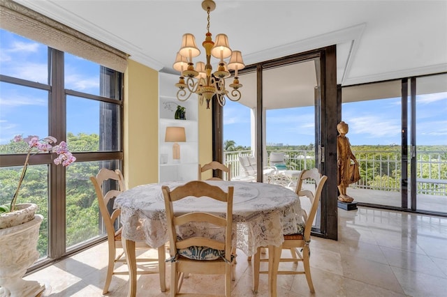 2000 Towerside Ter Unit 702, Miami, FL 33138 - dining room featuring light tile patterned floors, crown molding, floor to ceiling windows, and a chandelier
