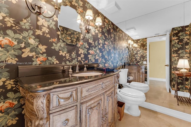 2000 Towerside Ter Unit 702, Miami, FL 33138 - bathroom featuring visible vents, vanity, tile patterned flooring, toilet, and wallpapered walls