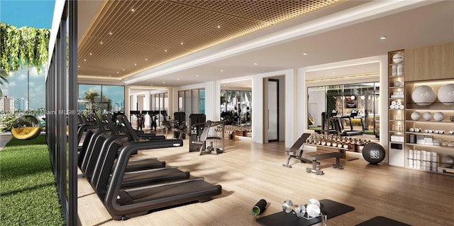 workout area with wood finished floors and a raised ceiling