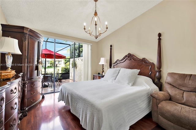 3939 Adra Ave Unit A-47, Doral, FL 33178 - bedroom with vaulted ceiling, access to outside, a chandelier, and dark wood-style flooring
