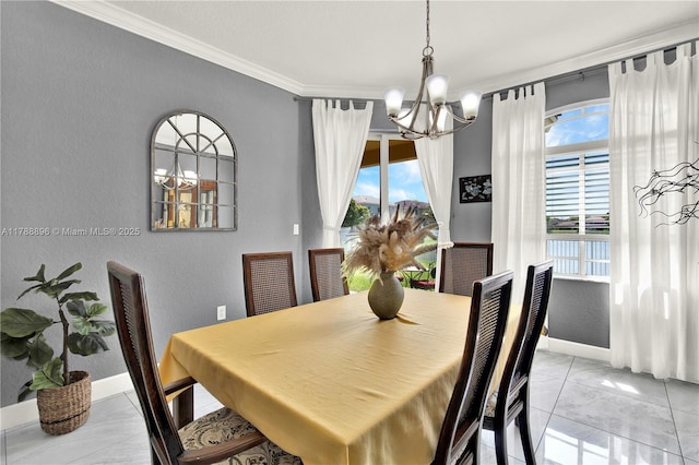 20656 SW 89th Ave, Cutler Bay, FL 33189 - dining space with a notable chandelier, a healthy amount of sunlight, crown molding, a textured wall, and baseboards