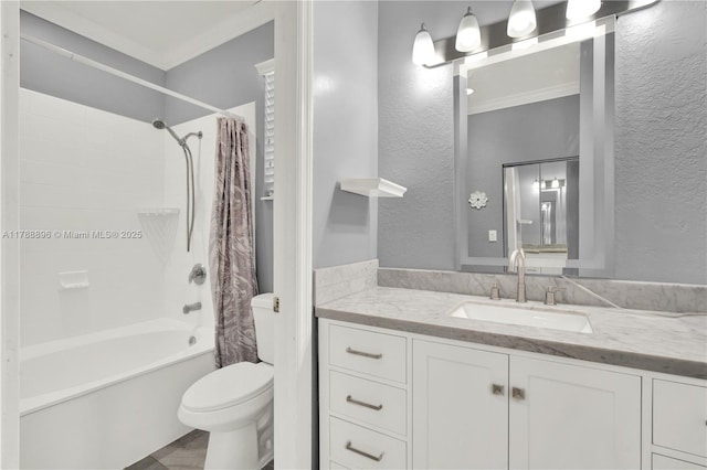 20656 SW 89th Ave, Cutler Bay, FL 33189 - bathroom featuring shower / bath combo, a textured wall, toilet, ornamental molding, and vanity