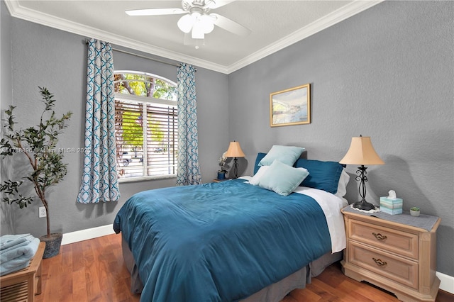 20656 SW 89th Ave, Cutler Bay, FL 33189 - bedroom featuring wood finished floors, ornamental molding, a textured wall, baseboards, and a ceiling fan