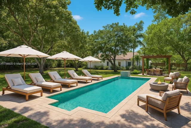 6845 SW 57th Ter, Miami, FL 33143 - view of swimming pool with a patio, a yard, an outdoor living space with a fire pit, and outdoor dining space