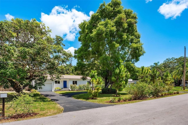 6845 SW 57th Ter, Miami, FL 33143 - obstructed view of property with a garage, driveway, a front lawn, and stucco siding