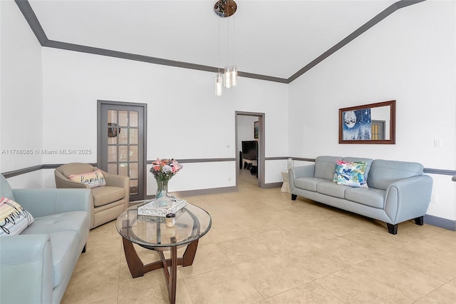 living room featuring high vaulted ceiling, baseboards, ornamental molding, and light tile patterned floors