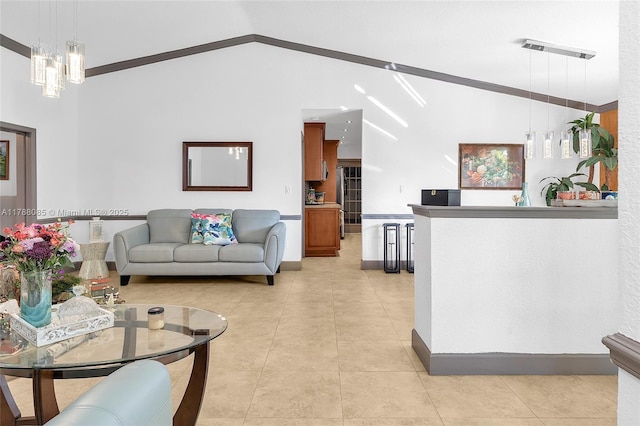 living room featuring lofted ceiling, visible vents, baseboards, and light tile patterned floors