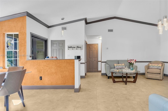 living area featuring baseboards, ornamental molding, visible vents, and lofted ceiling