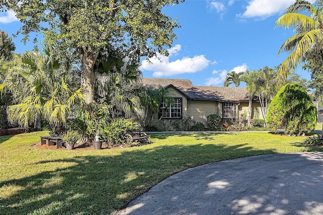 obstructed view of property with a front lawn