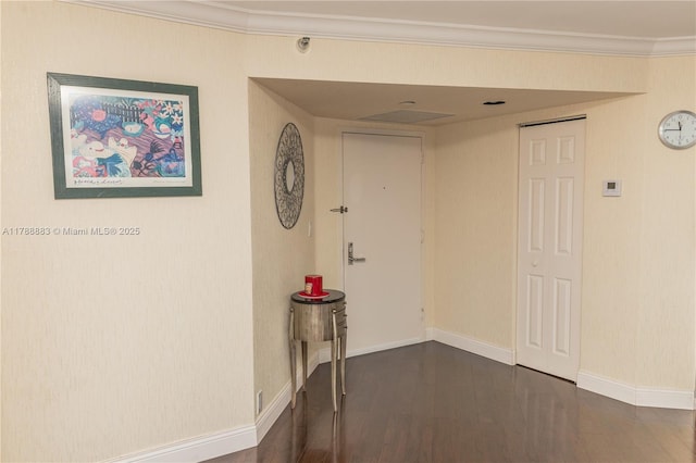 3530 Mystic Pointe Dr Unit 2910, Aventura, FL 33180 - hallway featuring baseboards, ornamental molding, and dark wood-style floors