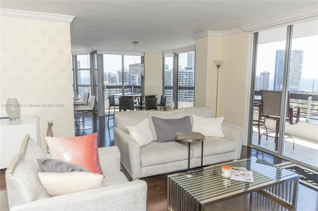 3530 Mystic Pointe Dr Unit 2910, Aventura, FL 33180 - living room with a city view, crown molding, expansive windows, and wood finished floors