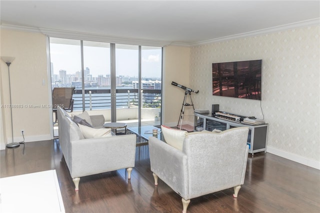 3530 Mystic Pointe Dr Unit 2910, Aventura, FL 33180 - living area featuring wallpapered walls, baseboards, ornamental molding, a wall of windows, and wood finished floors