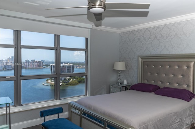 3530 Mystic Pointe Dr Unit 2910, Aventura, FL 33180 - bedroom featuring ornamental molding, a view of city, a ceiling fan, a water view, and baseboards
