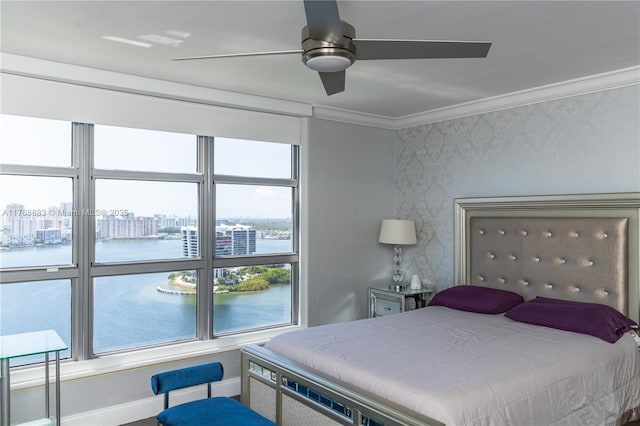 3530 Mystic Pointe Dr Unit 2910, Aventura, FL 33180 - bedroom featuring crown molding, a city view, a ceiling fan, a water view, and baseboards