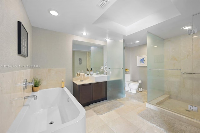 250 Sunny Isles Blvd Unit 3-1505, Sunny Isles Beach, FL 33160 - bathroom with a garden tub, vanity, a stall shower, recessed lighting, and tile patterned flooring