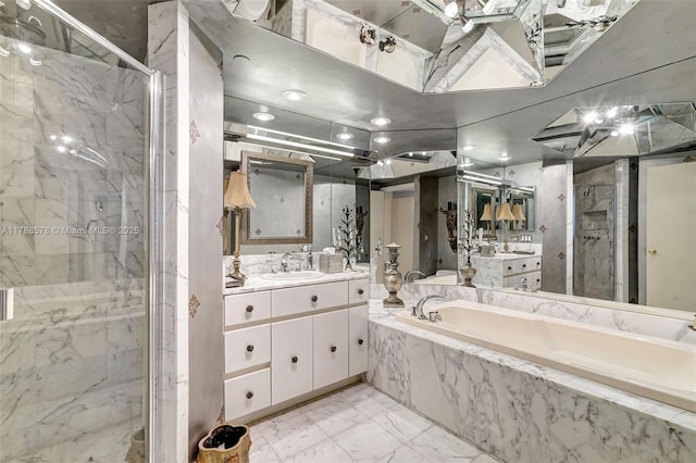 3000 Island Blvd Unit 706, Aventura, FL 33160 - bathroom featuring a marble finish shower, a bath, vanity, and marble finish flooring