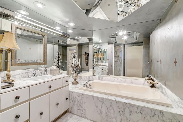 3000 Island Blvd Unit 706, Aventura, FL 33160 - bathroom with vanity, a bath, a shower stall, recessed lighting, and marble finish floors