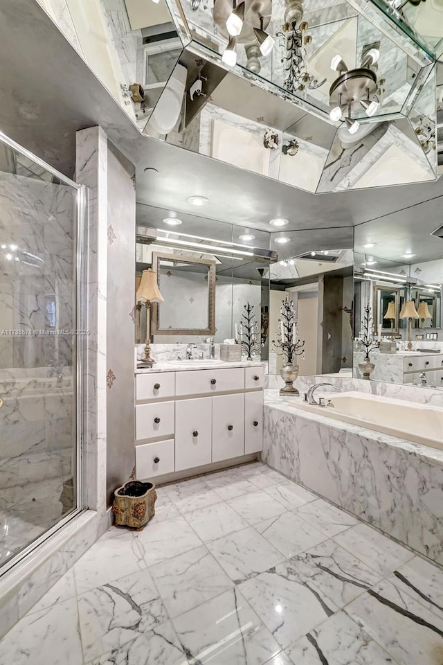 3000 Island Blvd Unit 706, Aventura, FL 33160 - bathroom with a bath, vanity, a marble finish shower, and marble finish flooring