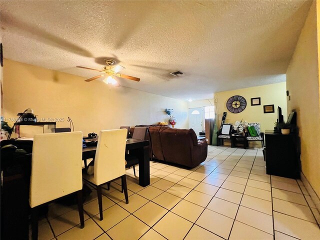 3530 NW 194th Ter, Miami Gardens, FL 33056 - dining space featuring visible vents, a textured ceiling, a ceiling fan, and light tile patterned floors
