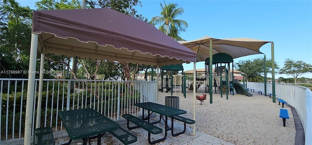 view of community featuring fence and playground community