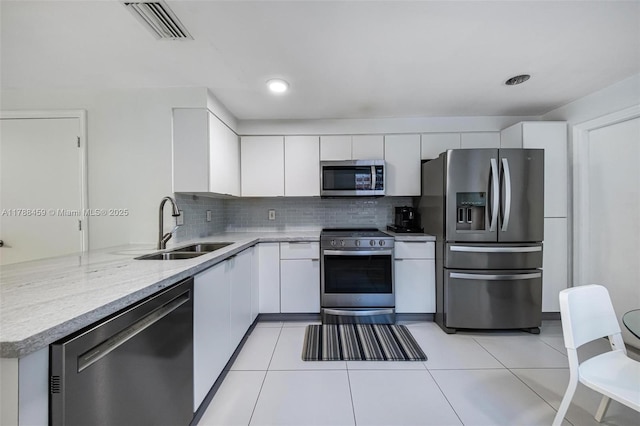 kitchen with a sink, visible vents, white cabinetry, decorative backsplash, and appliances with stainless steel finishes