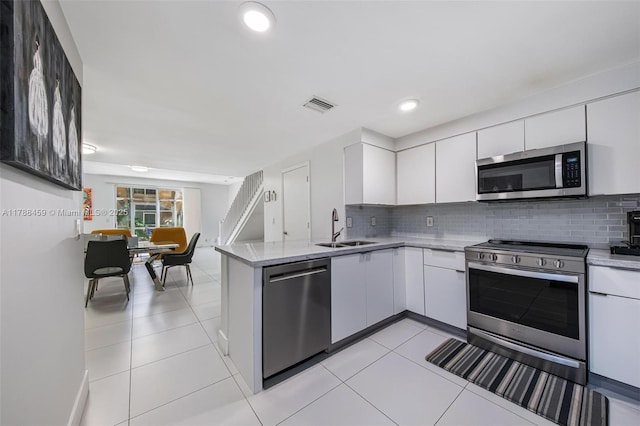 kitchen featuring stainless steel appliances, a peninsula, a sink, visible vents, and white cabinetry