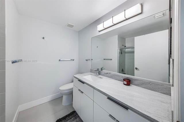 bathroom featuring a shower stall, vanity, baseboards, toilet, and visible vents