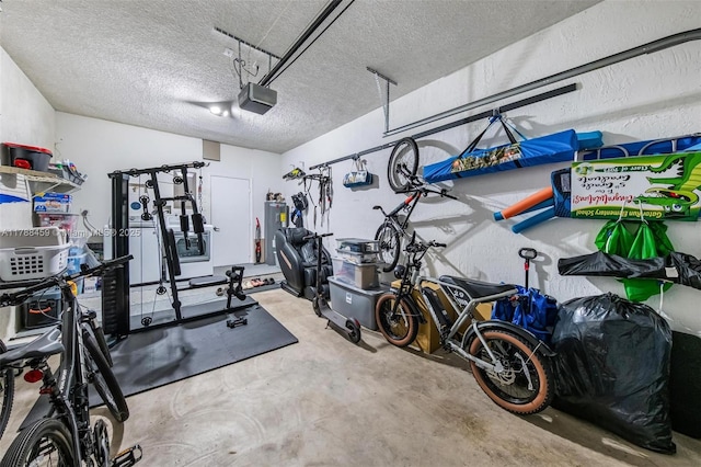 garage with water heater and a garage door opener