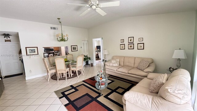 11657 NW 11th St, Pembroke Pines, FL 33026 - living area with light tile patterned floors, a chandelier, lofted ceiling, ceiling fan, and a textured ceiling