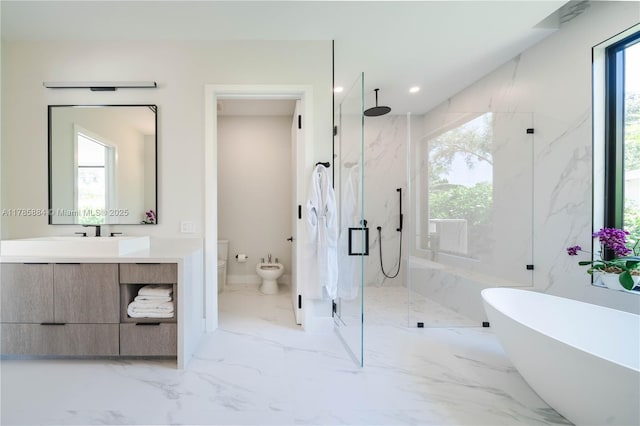 full bath featuring a soaking tub, a marble finish shower, toilet, marble finish floor, and vanity