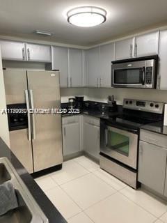 1861 NW S River Dr Unit 1602, Miami, FL 33125 - kitchen with appliances with stainless steel finishes, dark countertops, and gray cabinetry