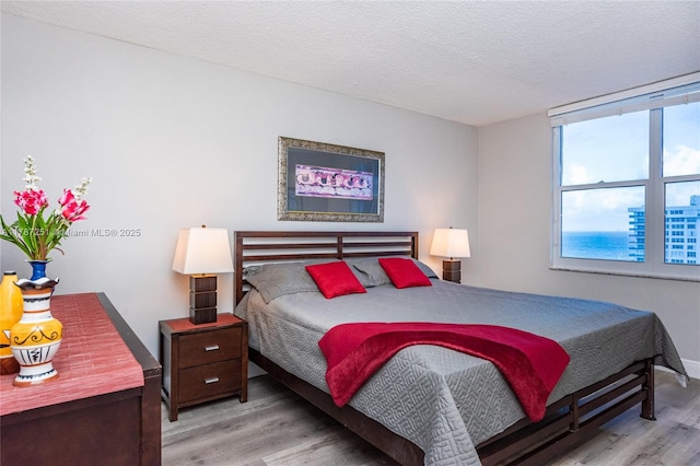 bedroom with a textured ceiling, multiple windows, wood finished floors, and baseboards