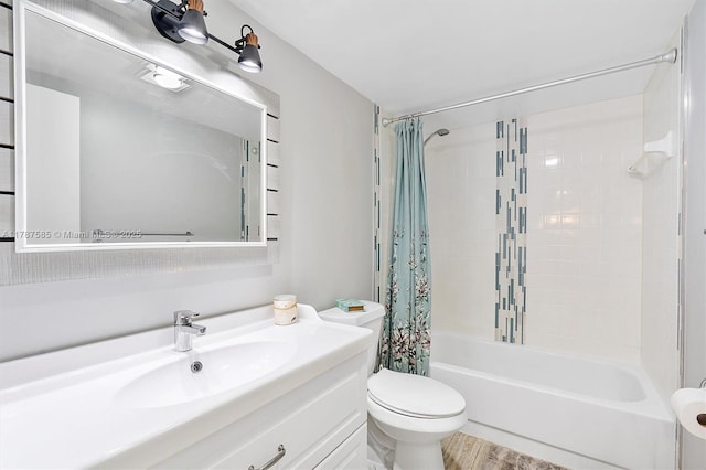 bathroom with shower / tub combo, toilet, vanity, and wood finished floors
