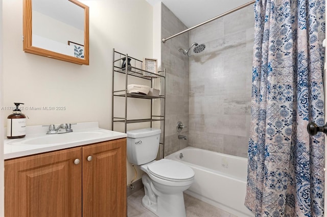 full bathroom featuring toilet, shower / bath combination with curtain, vanity, and tile patterned flooring