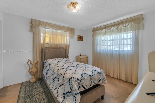 bedroom with multiple windows, a textured ceiling, and light carpet