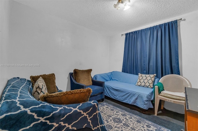 living area with carpet flooring and a textured ceiling