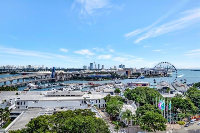 398 NE 5th St Unit 2805, Miami, FL 33132 - drone / aerial view of city skyline, a large body of water, and a notable bridge