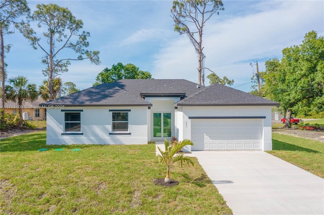 ranch-style house featuring roof with shingles, driveway, an attached garage, a front yard, and stucco siding