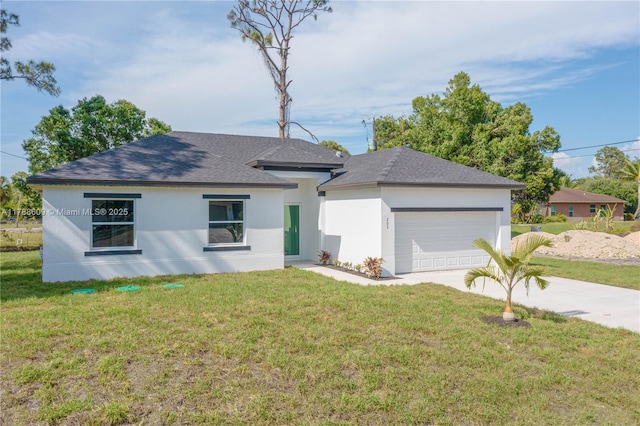 ranch-style home featuring a shingled roof, stucco siding, an attached garage, driveway, and a front yard