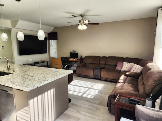785 Falling Water Rd, Weston, FL 33326 - living area with light wood finished floors, a ceiling fan, visible vents, and vaulted ceiling