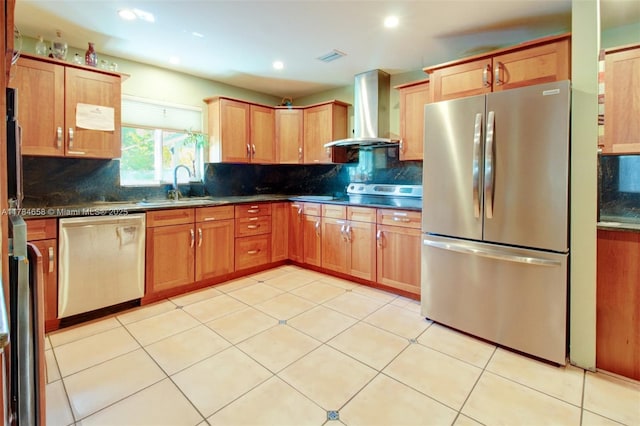 14875 SW 238th St, Homestead, FL 33032 - kitchen with appliances with stainless steel finishes, wall chimney range hood, a sink, dark countertops, and tasteful backsplash