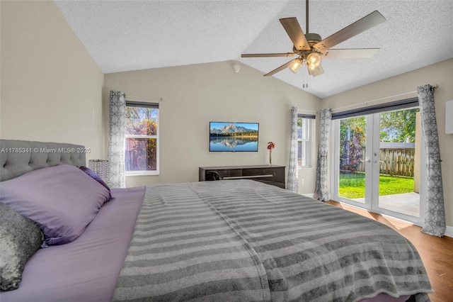 bedroom featuring lofted ceiling, multiple windows, wood finished floors, and access to exterior