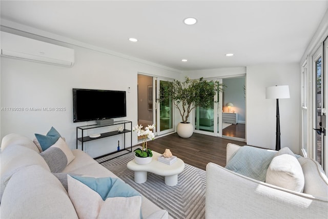 2555 NE 200th St, Miami, FL 33180 - living area with baseboards, wood finished floors, a wall mounted AC, and recessed lighting