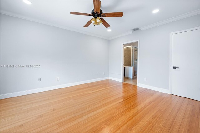 empty room with recessed lighting, ornamental molding, baseboards, and ceiling fan