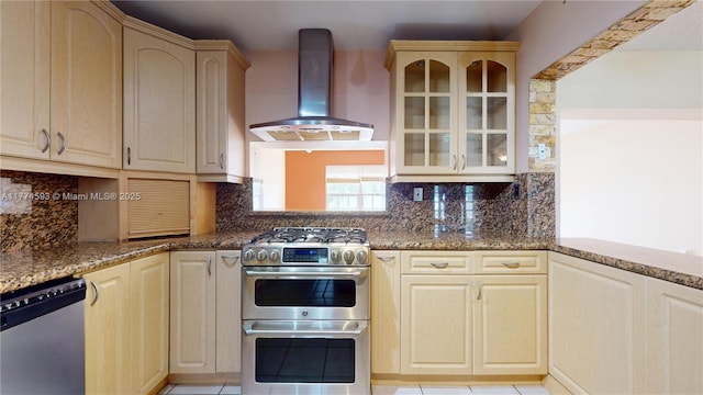 6051 SW 110th Ave, Miami, FL 33173 - kitchen featuring dark stone countertops, double oven range, island range hood, glass insert cabinets, and dishwashing machine