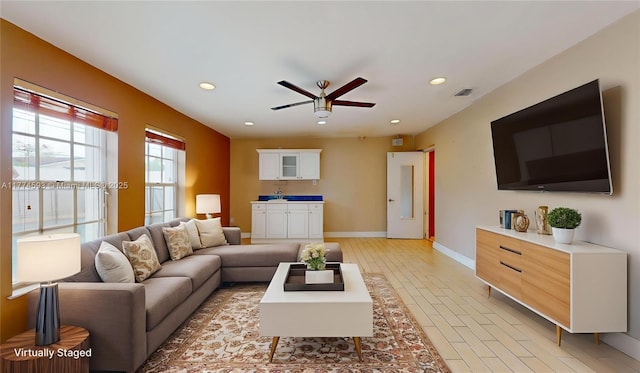 6051 SW 110th Ave, Miami, FL 33173 - living room featuring visible vents, recessed lighting, baseboards, and ceiling fan