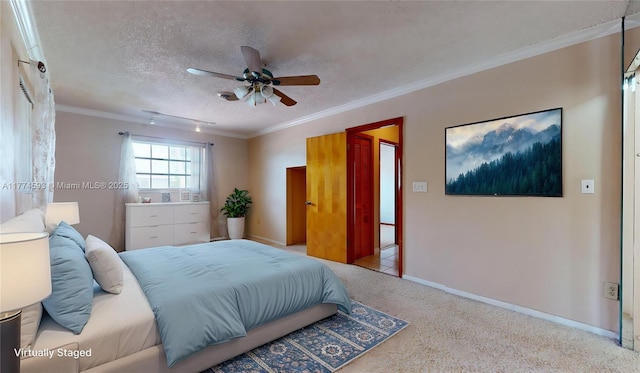6051 SW 110th Ave, Miami, FL 33173 - bedroom with carpet floors, a textured ceiling, ornamental molding, and ceiling fan