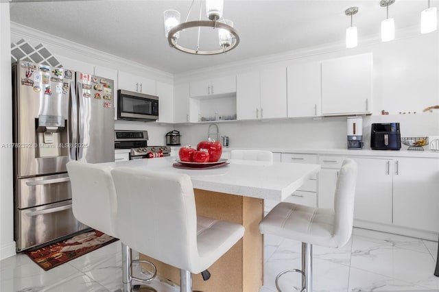 7225 NW 173rd Dr Unit 904-9, Hialeah, FL 33015 - kitchen featuring open shelves, a chandelier, marble finish floor, stainless steel appliances, and white cabinets